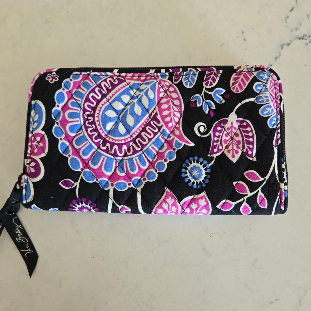 Women's Vera Bradley Black Pink Blue Purple Quilted Long Zip Around Wallet